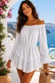 Rochie Scurta de Dama, din Tesatura Tin In, cu Maneci Lungi si Fusta Pantalon, Ancona, Alba