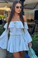 Rochie Scurta de Dama, din Tesatura Tip In, cu Fusta Pantalon, Ayamonte, Ivoire