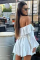 Rochie Scurta de Dama, din Tesatura Tip In, cu Fusta Pantalon, Ayamonte, Ivoire