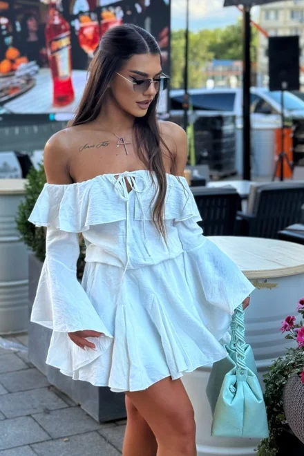 Rochie Scurta de Dama, din Tesatura Tip In, cu Fusta Pantalon, Ayamonte, Ivoire