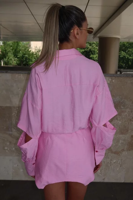 Rochie Scurta de Dama, din Tesatura Tip In, cu Maneci Detasabile, Babby, Roz