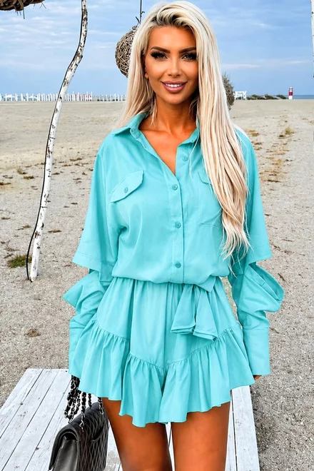Rochie Scurta de Dama, din Tesatura Tip In, cu Maneci Detasabile si Fusta Pantalon, Ammye, Aqua