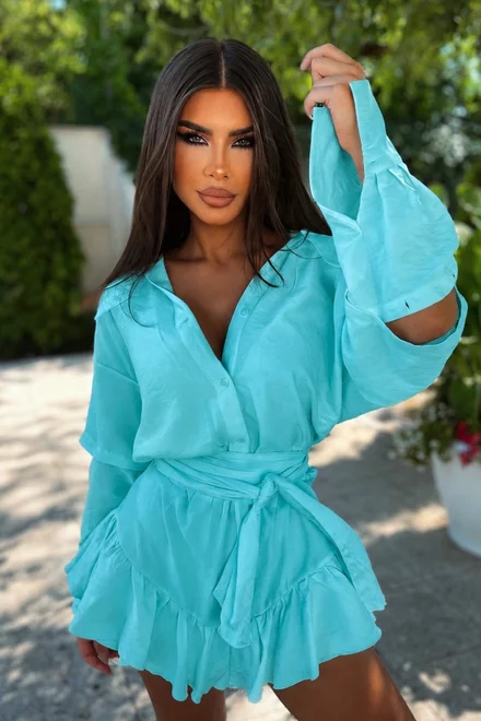 Rochie Scurta de Dama, din Tesatura Tip In, cu Maneci Detasabile si Fusta Pantalon, Ammye, Aqua