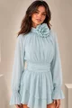 Rochie Scurta de Dama, din Voal, Accesorizata cu Volane, Allora, Bleu