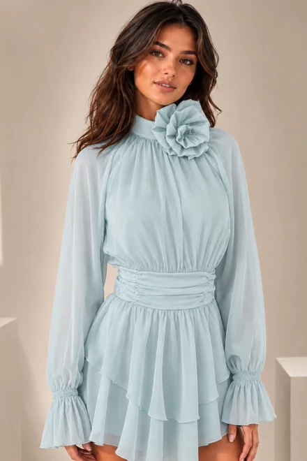 Rochie Scurta de Dama, din Voal, Accesorizata cu Volane, Allora, Bleu
