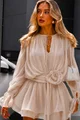 Rochie Scurta de Dama, din Voal Chifon, cu Maneci Lungi si Accesorizata cu Floare in Talie, Cartagena, Bej