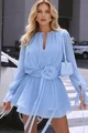 Rochie Scurta de Dama, din Voal, cu Fusta Pantalon si Accesorizata cu Floare in Talie, Pressidente, Bleu