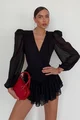 Rochie Scurta de Dama, din Voal, Petrecuta pe Bust, cu Maneci Lungi Bufante, Midnight, Neagra