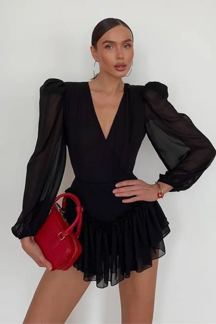Rochie Scurta de Dama, din Voal, Petrecuta pe Bust, cu Maneci Lungi Bufante, Midnight, Neagra