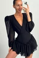Rochie Scurta de Dama, din Voal, Petrecuta pe Bust, cu Maneci Lungi Bufante, Midnight, Neagra