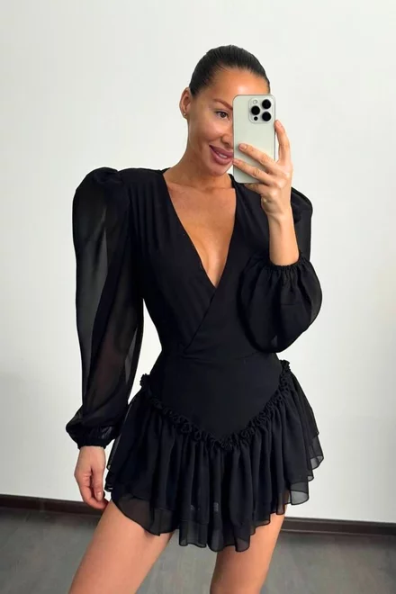 Rochie Scurta de Dama, din Voal, Petrecuta pe Bust, cu Maneci Lungi Bufante, Midnight, Neagra
