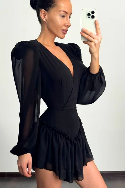 Rochie Scurta de Dama, din Voal, Petrecuta pe Bust, cu Maneci Lungi Bufante, Midnight, Neagra
