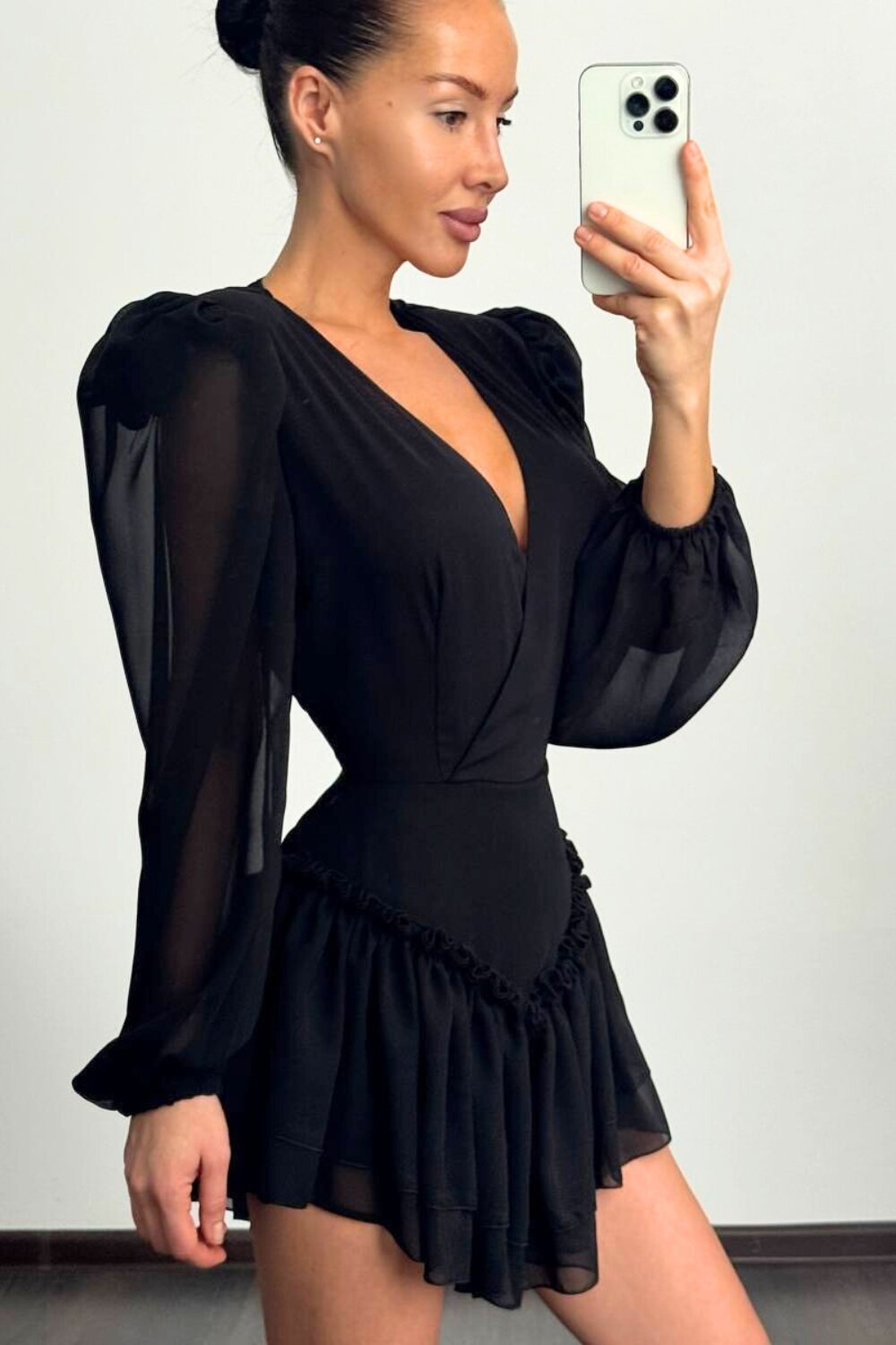 FOGGI Rochie Scurta De Dama, Din Voal, Petrecuta Pe Bust, Cu Maneci Lungi Bufante, Midnight, Neagra
