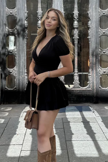 Rochie Scurta de Dama, din Voal, Petrecuta pe Bust, cu Maneci Scurte, Sophia, Neagra