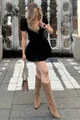 Rochie Scurta de Dama, din Voal, Petrecuta pe Bust, cu Maneci Scurte, Sophia, Neagra