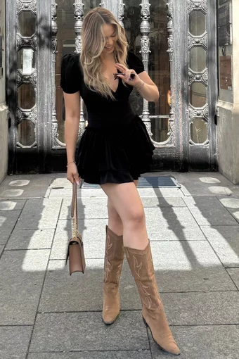 Rochie Scurta de Dama, din Voal, Petrecuta pe Bust, cu Maneci Scurte, Sophia, Neagra