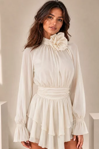 Rochie Scurta de Dama, din Voall, cu Maneci Lungi si Accesorizata cu Floare, Merydis, Ivoire