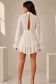 Rochie Scurta de Dama, din Voall, cu Maneci Lungi si Accesorizata cu Floare, Merydis, Ivoire