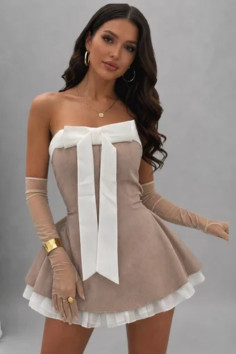 Rochie Scurta de Dama, fara Maneci, cu Inchidere Fermoar si Poplin Alb, Ilaydda, Bej