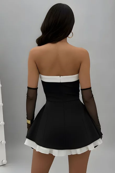 Rochie Scurta de Dama, fara Maneci, cu Inchidere Fermoar si Poplin Alb, Madamme, Neagra