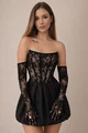 Rochie Scurta de Dama, Fusta Tip Gogosar din Satin si Top din Dantela, Mayorka, Neagra