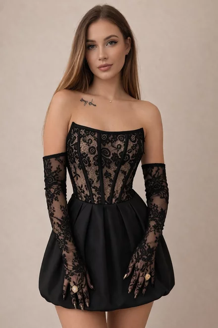 Rochie Scurta de Dama, Fusta Tip Gogosar din Satin si Top din Dantela, Mayorka, Neagra