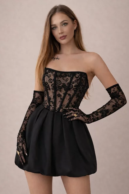 Rochie Scurta de Dama, Fusta Tip Gogosar din Satin si Top din Dantela, Mayorka, Neagra