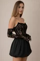 Rochie Scurta de Dama, Fusta Tip Gogosar din Satin si Top din Dantela, Mayorka, Neagra