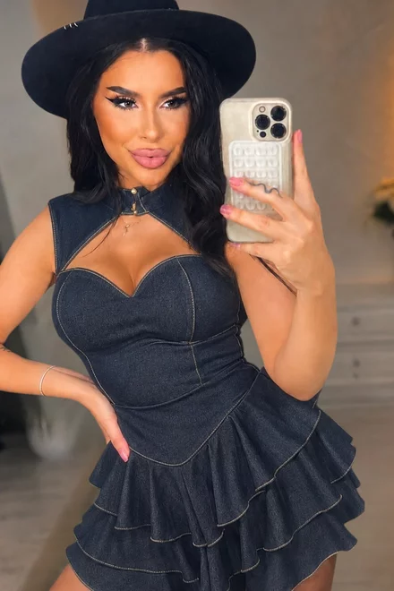 Rochie Scurta de Dama, in Volane, din Blug Super Strech, Carrara, Blue
