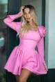 Rochie Scurta de Dama, Maneci Lungi, Accesorizata cu Floare Maxi in Piept, Glowing, Roz