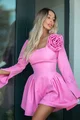 Rochie Scurta de Dama, Maneci Lungi, Accesorizata cu Floare Maxi in Piept, Glowing, Roz