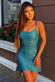 Rochie  Scurta de Dama,  Mulata, din Paiete, in Bretele Subtiri, Ranyya, Turcoaz