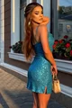 Rochie  Scurta de Dama,  Mulata, din Paiete, in Bretele Subtiri, Ranyya, Turcoaz