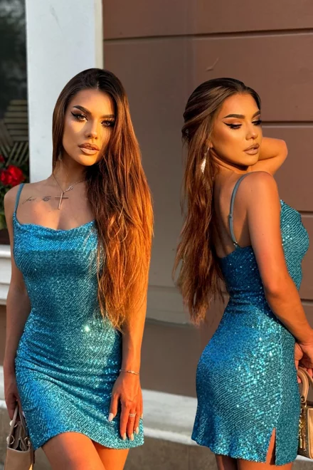 Rochie  Scurta de Dama,  Mulata, din Paiete, in Bretele Subtiri, Ranyya, Turcoaz
