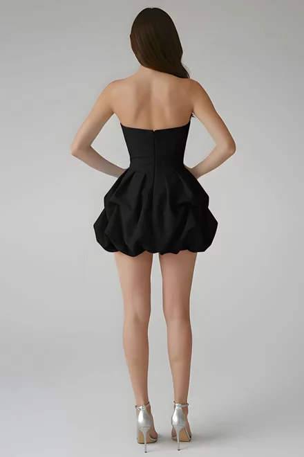 Rochie Scurta de Dama, sin Satin, Tip Gogosar, Fara Maneci si cu Inchidere Fermoar, Allyorra, Neagra