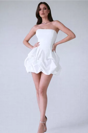 Rochie Scurta de Dama, Tip Gogosar, fara Maneci cu Inchidere Fermoar, din Satin, Sylvra, Alba