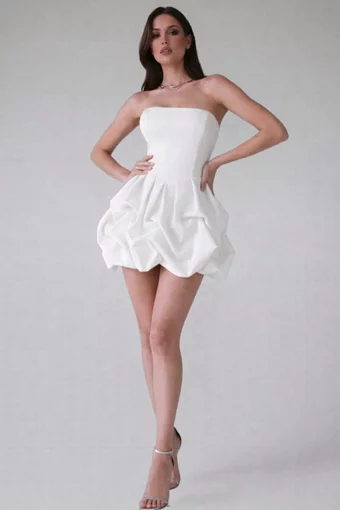 Rochie Scurta de Dama, Tip Gogosar, fara Maneci cu Inchidere Fermoar, din Satin, Sylvra, Ivoire