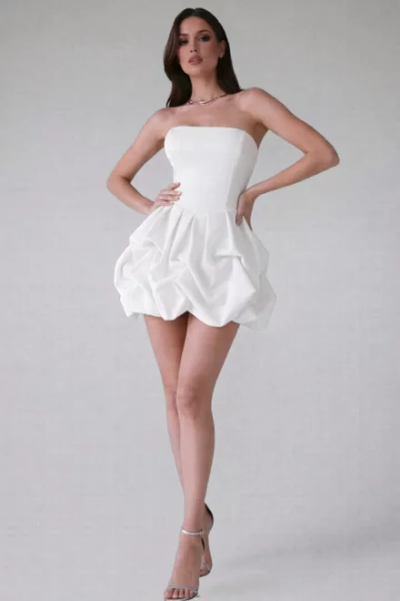 Rochie Scurta de Dama, Tip Gogosar, fara Maneci cu Inchidere Fermoar, din Satin, Sylvra, Ivoire