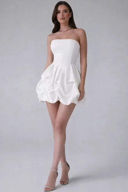 Rochie Scurta de Dama, Tip Gogosar, fara Maneci cu Inchidere Fermoar, din Satin, Sylvra, Ivoire