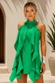 Rochie Scurta de Dama, Tip In, Cu Spate Gol si Volanase, Auralis, Verde