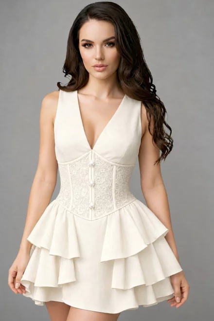 Rochie Scurta de Dama, Tip Sacou, cu Corset din Dantela si fara Maneci, Elyass, Ivoire