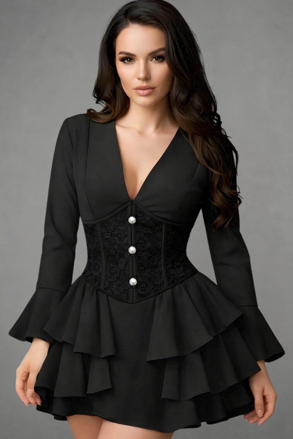 c&a rochii de dantela Rochie Scurta De Dama, Tip Sacou, Cu Volane Si Corset Din Dantela, Ismyrra, Neagra