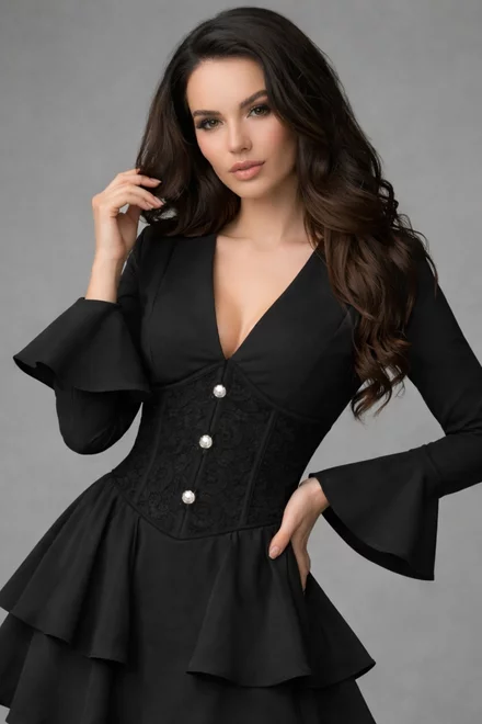 Rochie Scurta de Dama, Tip Sacou, cu Volane si Corset din Dantela, Ismyrra, Neagra