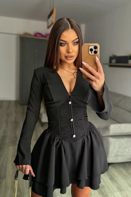 Rochie Scurta de Dama, Tip Sacou, cu Volane si Corset din Dantela, Ismyrra, Neagra