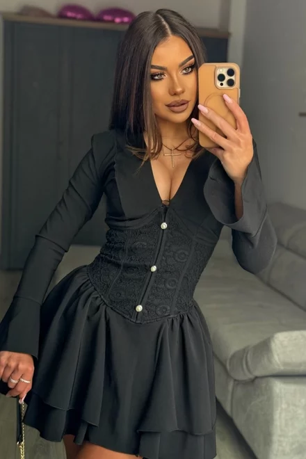 Rochie Scurta de Dama, Tip Sacou, cu Volane si Corset din Dantela, Ismyrra, Neagra