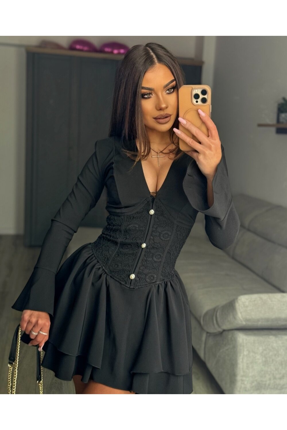 FOGGI Rochie Scurta De Dama, Tip Sacou, Cu Volane Si Corset Din Dantela, Ismyrra, Neagra