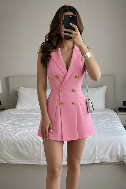 Rochie Scurta de Dama, Tip Sacou, din Bistrech cu Inchidere Nasturi, Sweetie, Roz