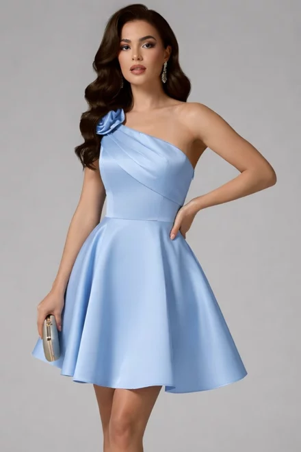 Rochie Scurta de Ocazie, din Tafta, Accesorizata cu Floare pe Umar, Azulla, Bleu