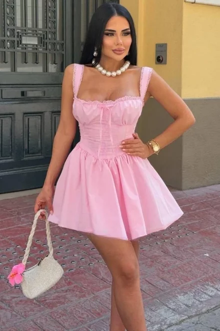 Rochie Scurta de Vara, in Bretele Subtiri, Accesorizata cu Dantela, Zelda, Roz