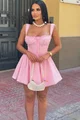 Rochie Scurta de Vara, in Bretele Subtiri, Accesorizata cu Dantela, Zelda, Roz
